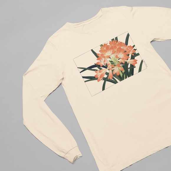 Japanese Clivia Miniata Flower Print Long Sleeve Graphic Tee T-shirt S M L XL - Picture 2 of 6